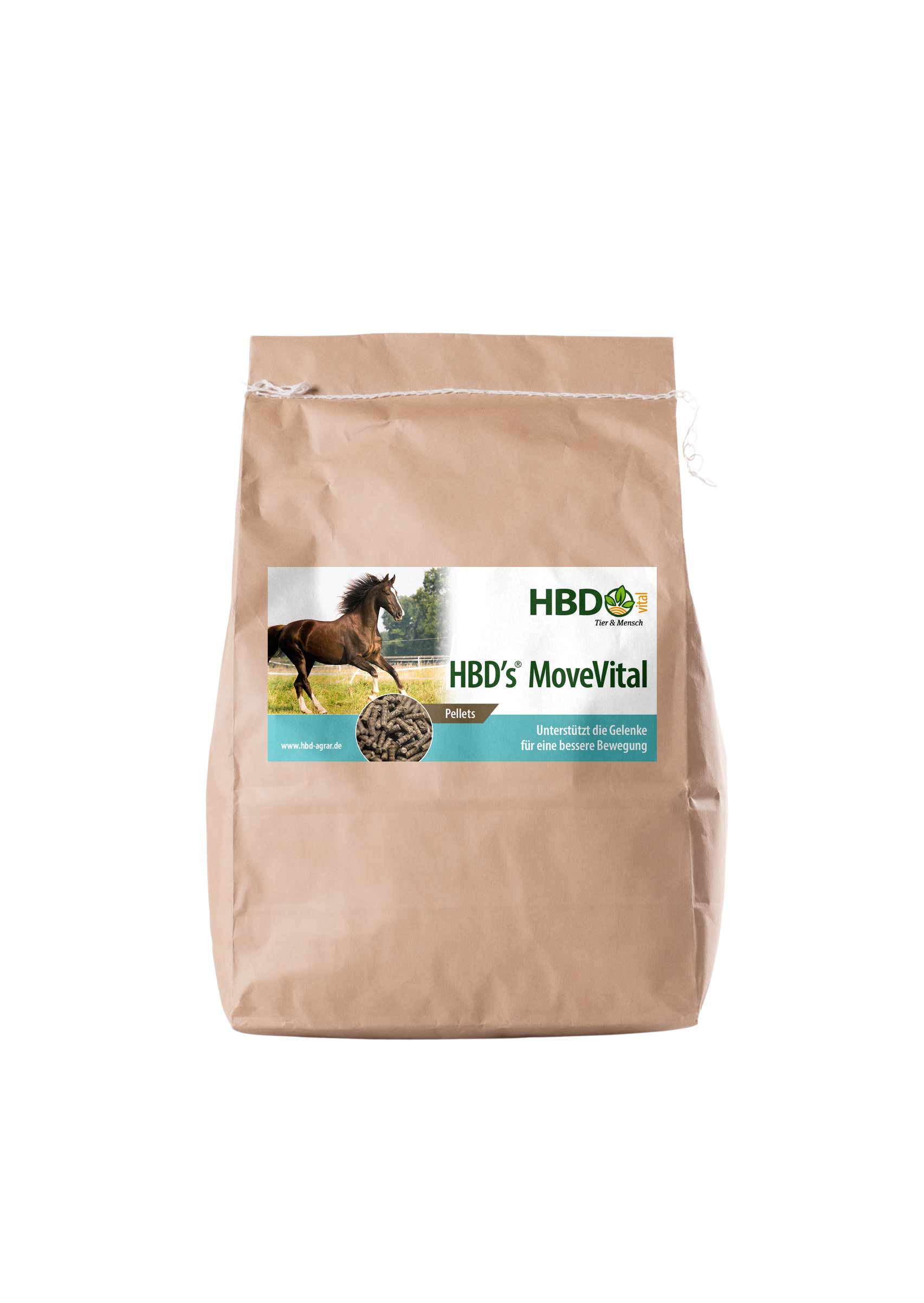 HBD’s® MoveVital - Futtersack Foto des Futtersacks für HBD’s MoveVital für Pferde - Ein hellbrauner Futtersack mit dem Etikett von HBD’s MoveVital für Pferde ist zu sehen.