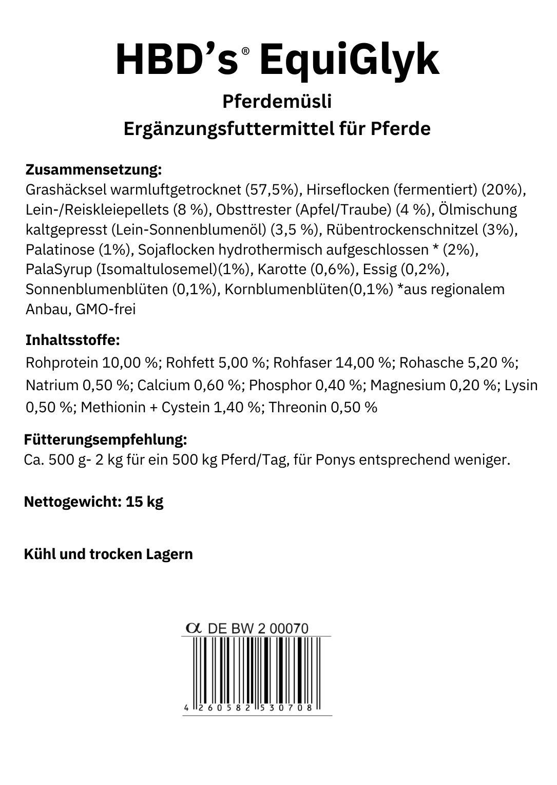 Schwarz-weißes Etikett mit der Zusammensetzung und dem Fütterungshinweis von HBDs EquiGlyk dem Pferdemüsli