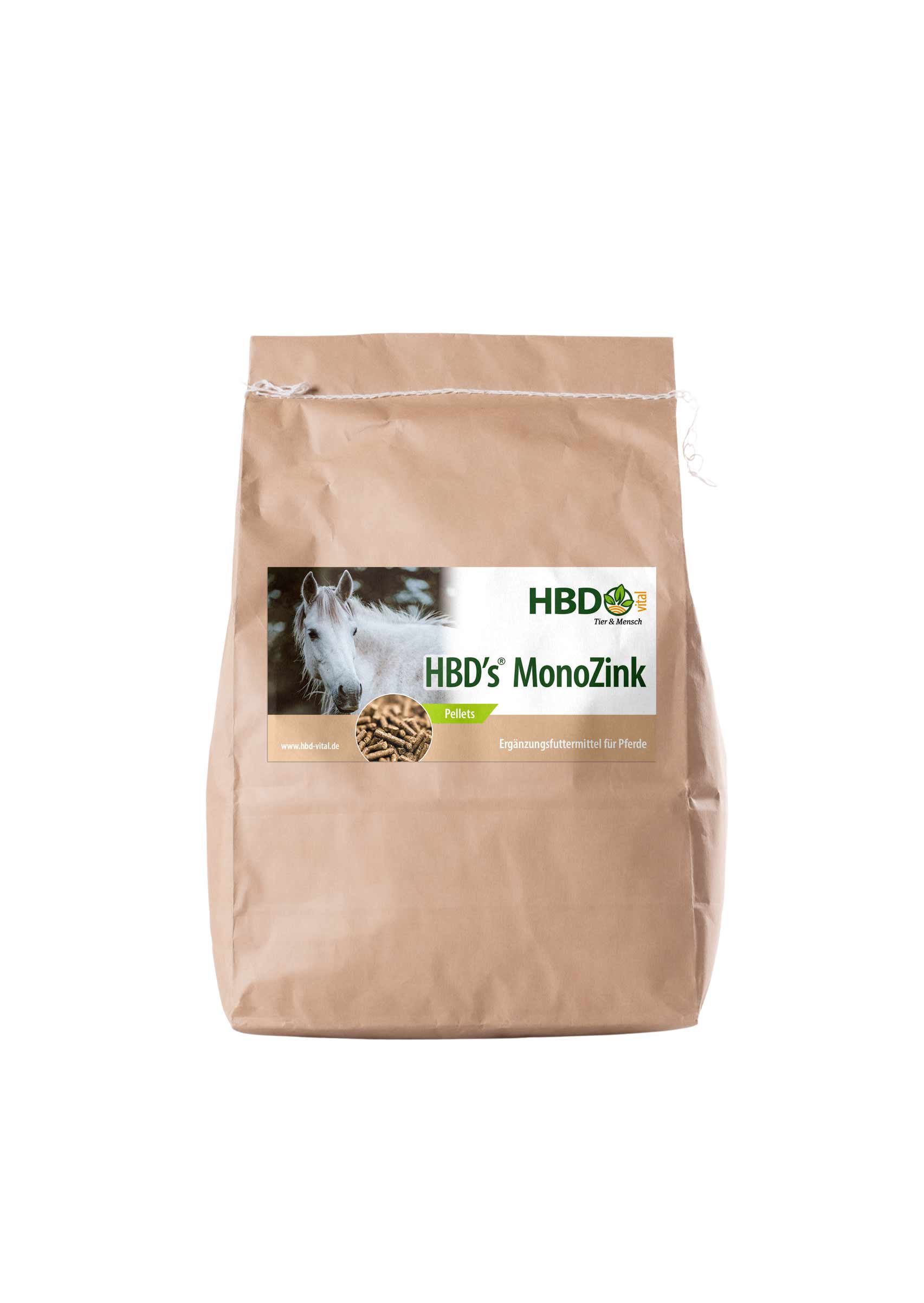 Foto des Futtersacks für HBD’s MonoZink - Ein hellbrauner Futtersack mit dem Etikett von HBD’s MonoZink ist zu sehen.