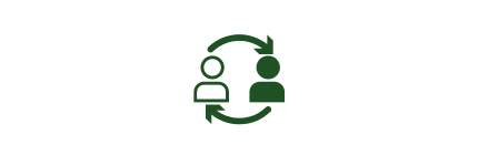 Icon Nahbarkeit eine Grafik aus zwei Menschensilhouetten die durch zwei Pfeile umreist werden und sinnbildlich für Nahbarkeit stehen sollen.