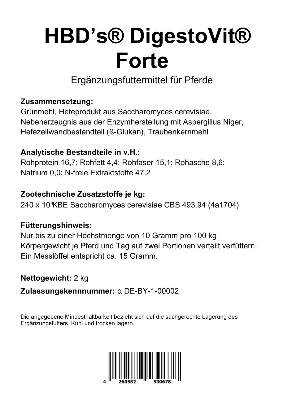 Zusammensetzung und Fütterungshinweis HBD’s® DigestoVit Forte der Schadkeimbinder für Pferde Ein schwarz-weißes Etikett mit der Zusammensetzung und der Fütterungsempfehlung von HBDs DigestoVit Forte dem Schadkeimbinder für den Darm des Pferdes