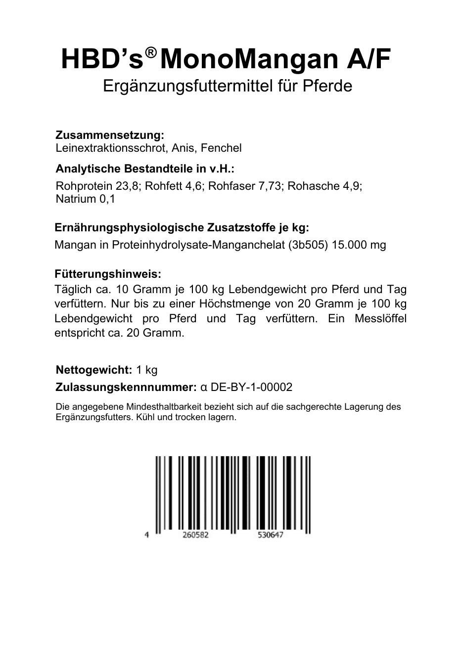Schwarz-weißes Etikett mit der Zusammensetzung und dem Fütterungshinweis von HBD’s® MonoMangan mit Anis und Fenchel