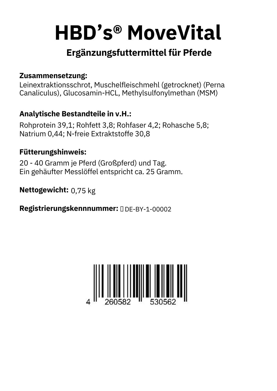 Schwarz-weißes Etikett von HBDs Move Vital mit der Fütterungsempfehlung und der Zusammensetzung
