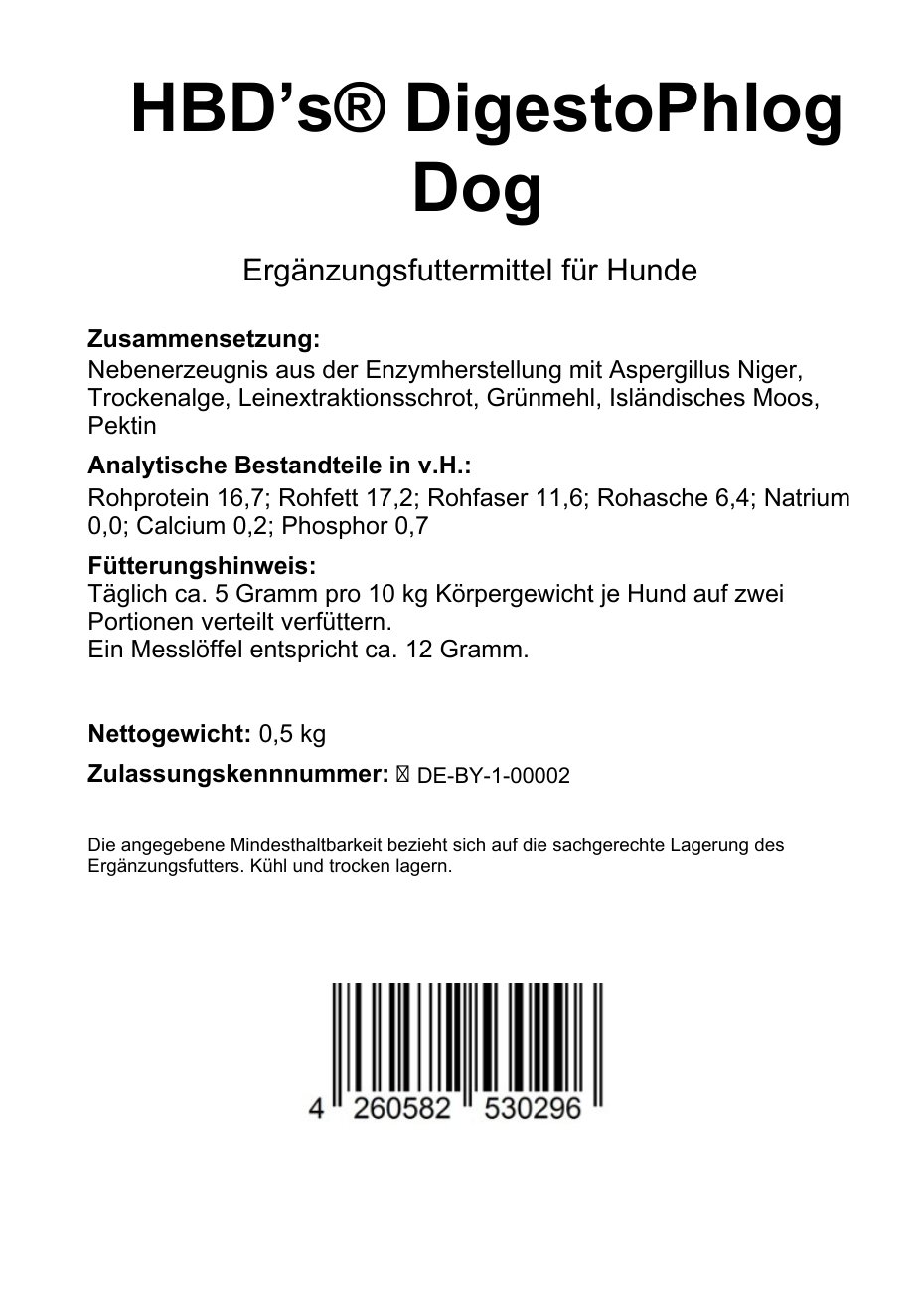 Ein schwarz-weißes Etikett mit der Zusammensetzung und dem Fütterungshinweis für DigestoPhlog, das Ergänzungsfuttermittel zur Beruhigung und Regeneration der Magen- und Darmschleimhäute für Hunde  0,5 kg