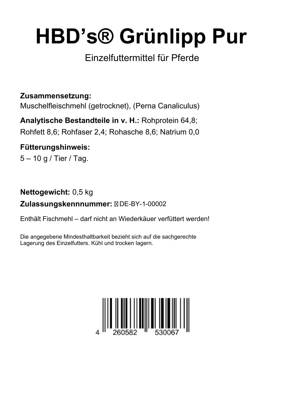 Ein schwarz/Weiß Etikett mit der Zusammensetzung und dem Fütterungshinweis von HBDs Gruenlipp Pur.