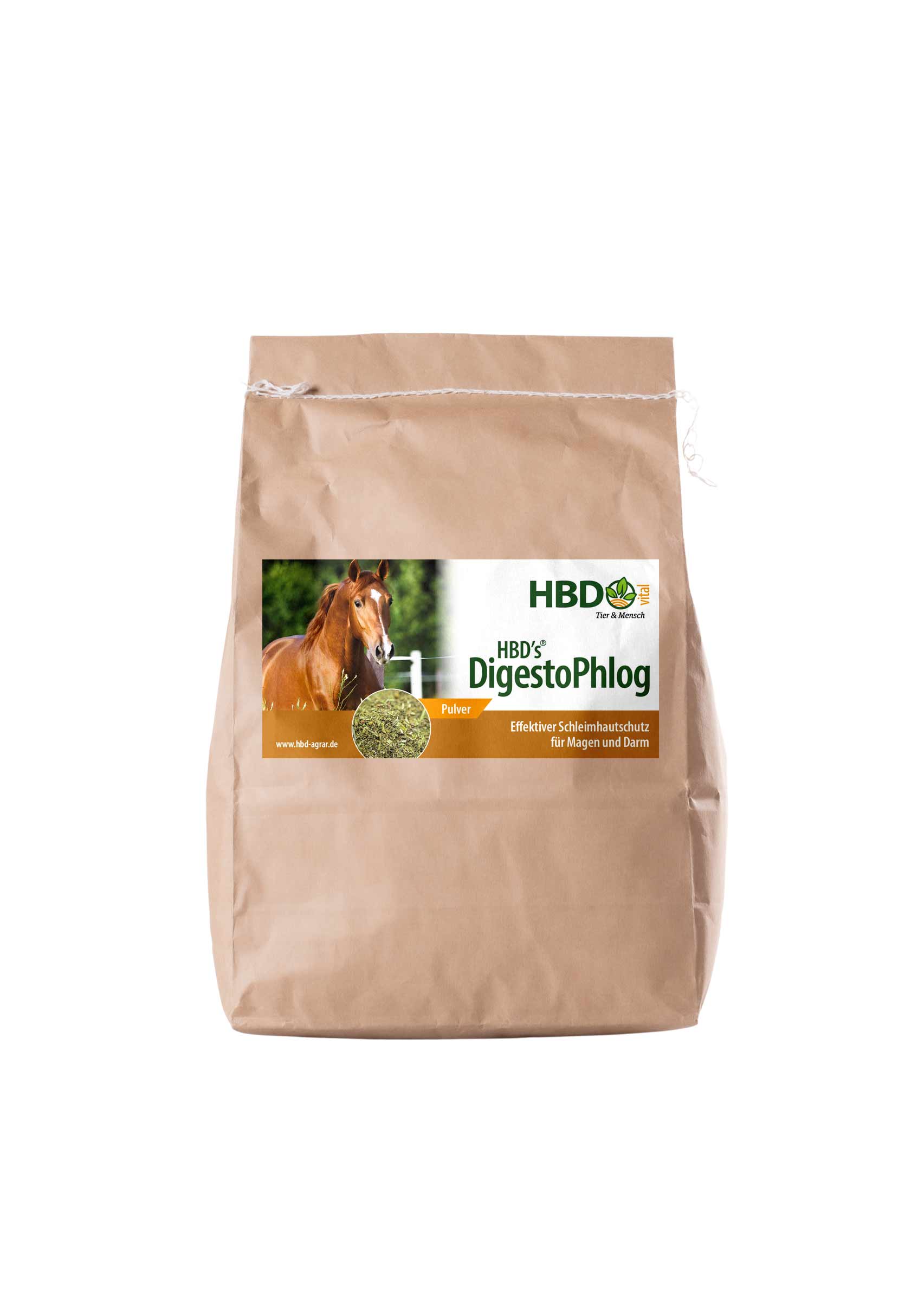 HBD’s® DigestoPhlog zur Beruhigung der Magenschleimhäute von Pferde Futtersack Foto des Futtersacks für HBD’s DigestoPhlog - Ein hellbrauner Futtersack mit dem Etikett von HBD’s DigestoCure ist zu sehen.
