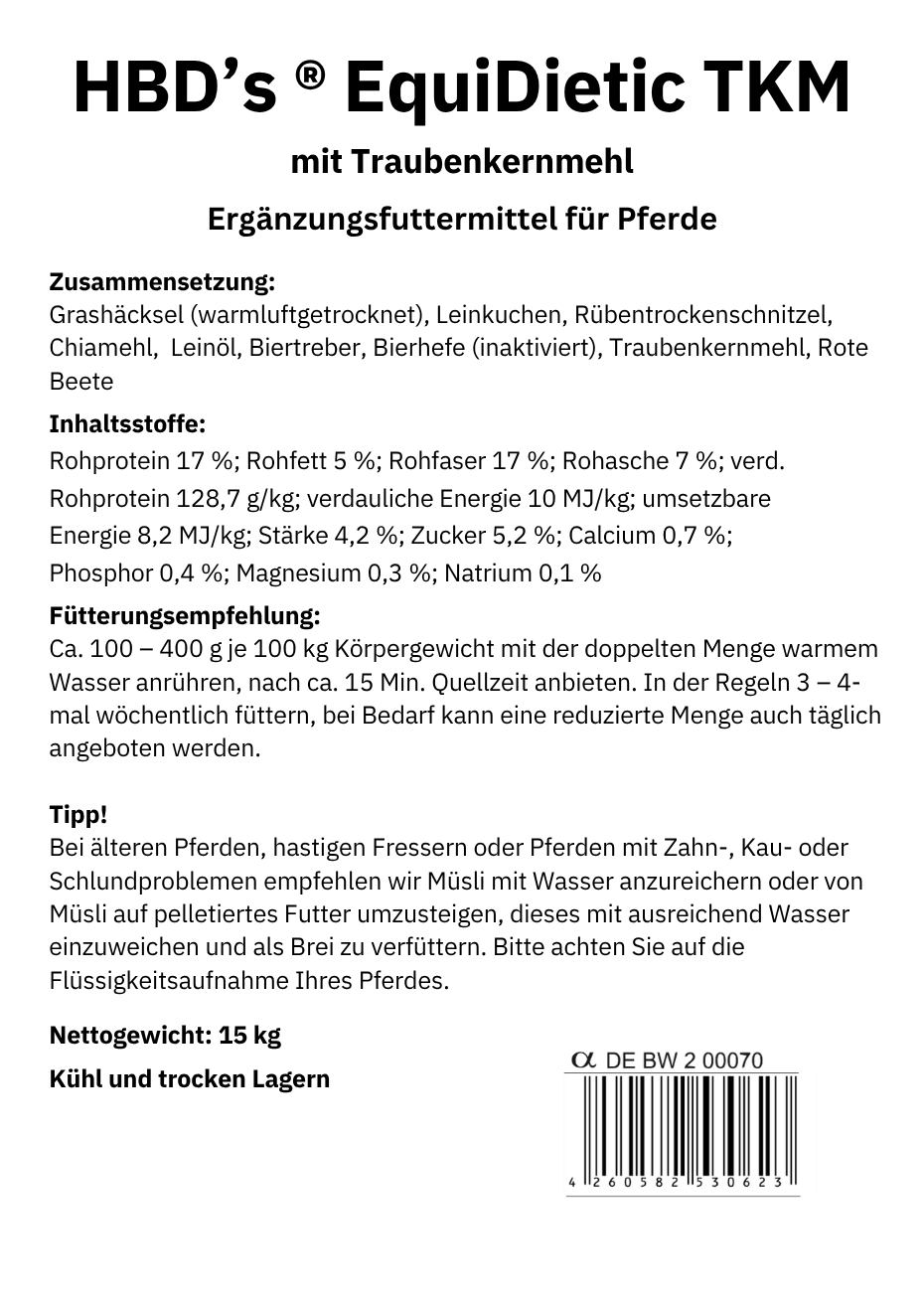 Schwarz-weißes Etikett mit der Zusammensetzung und der Fütterungsempfehlung von HBDs EquiDietic mit Traubenkernmehl