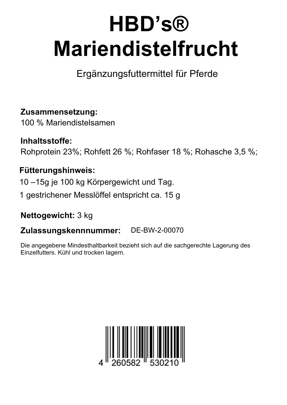Ein schwarz-weißes Etikett mit der Zusammensetzung und dem Fütterungshinweis für HBD Mariendistelfrucht für Pferde