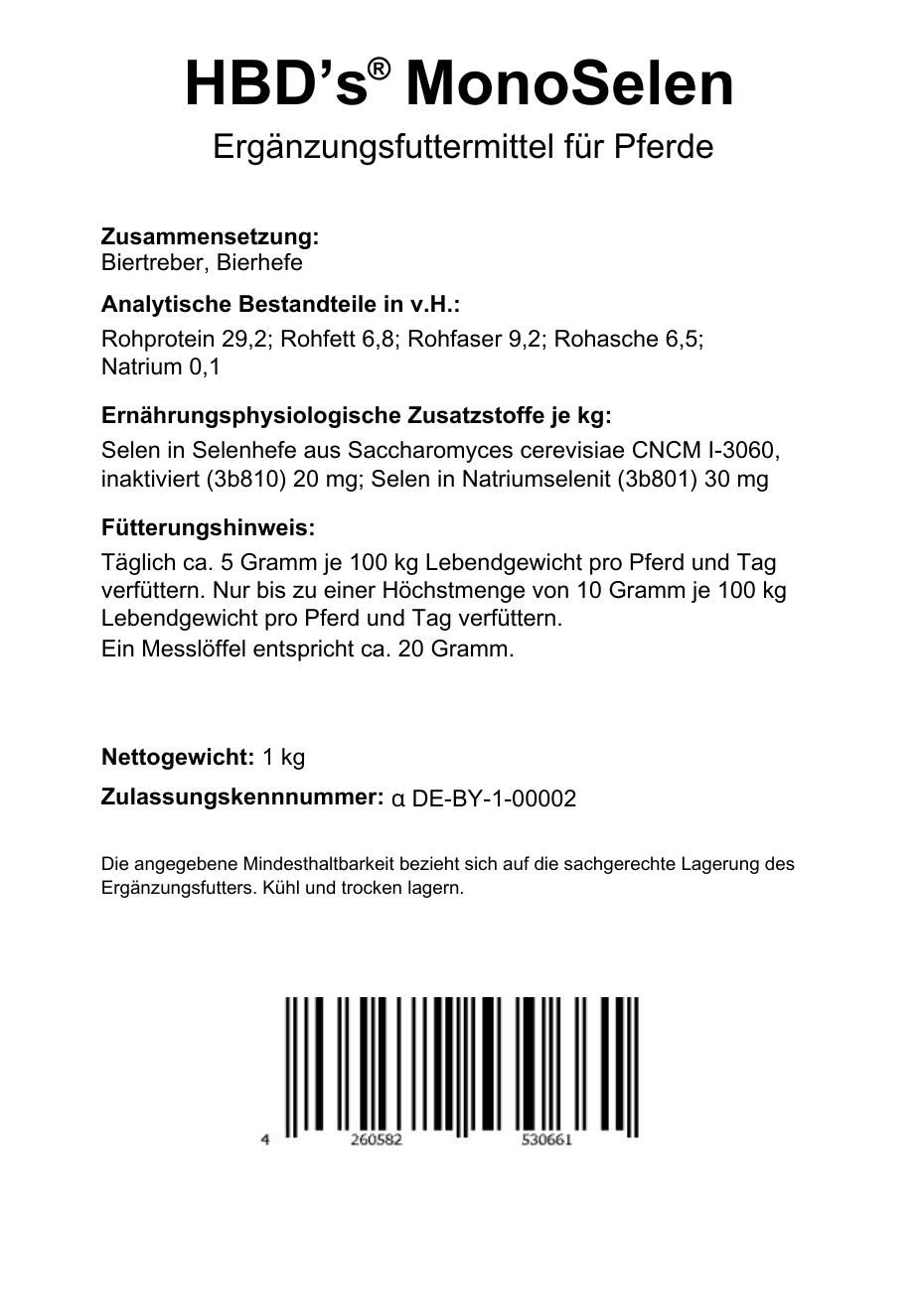 Schwarz-weißes Etikett mit der Zusammensetzung und der Fütterungsempfehlung von HBDs MonoSelen für Pferde.