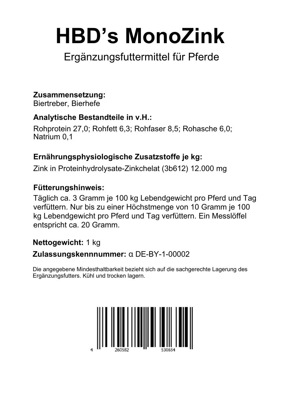 Schwarz-weißes Etikett mit der Zusammensetzung und der Fütterungsempfehlung von HBDs MonoZink.