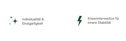 Icons für Einzigartigkeit und Krisenintervention Zwei Icons mit Text. Sterne die für Individualität und Einzigartigkeit stehen sollen. Ein Blitz der für Krisenintervention und innere Stabilität steht