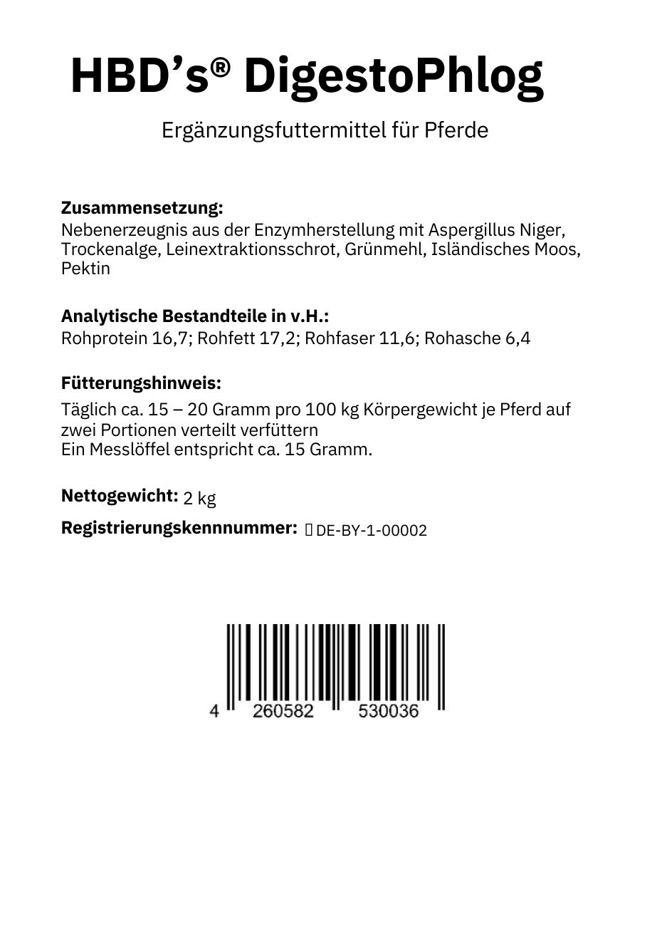 Zusammensetzung und Fütterungshinweis von HBD’s® DigestoPhlog Ein schwarz-weißes Etikett mit der Zusammensetzung und dem Fütterungshinweis für DigestoPhlog, das Ergänzungsfuttermittel zur Beruhigung und Regeneration der Magen- und Darmschleimhäute für Pferde.