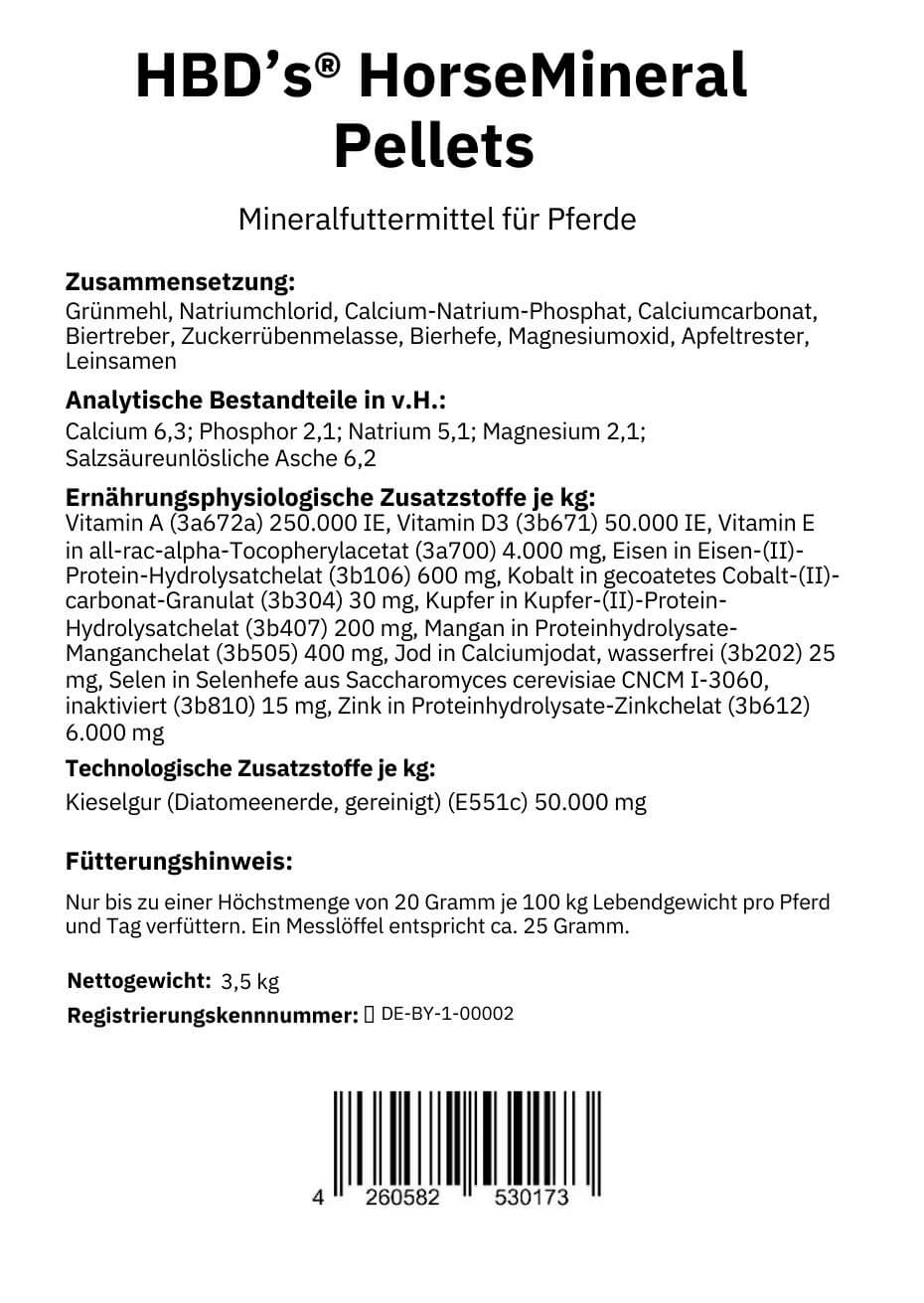 schwarz-weiß Etikett mit Zusammensetzung und Fütterungshinweis von HorseMineral Pellets, dem organisch gebundenen Mineralfutter für Pferde in der 3,5kg Einheit