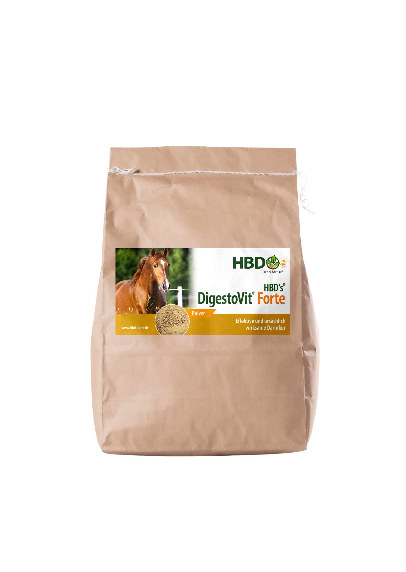 Futtersack HBD’s® DigestoVit Forte Schadkeimbinder für Pferde Foto des Futtersacks von HBD’s® DigestoVit Forte der Darmkur zur Bindung von Schadkeimen im Darm mit Beta-Glucanen. Es ist ein hellbrauner Futtersack mit dem Etikett von HBD’s DigestoVit Forte ist zu sehen.