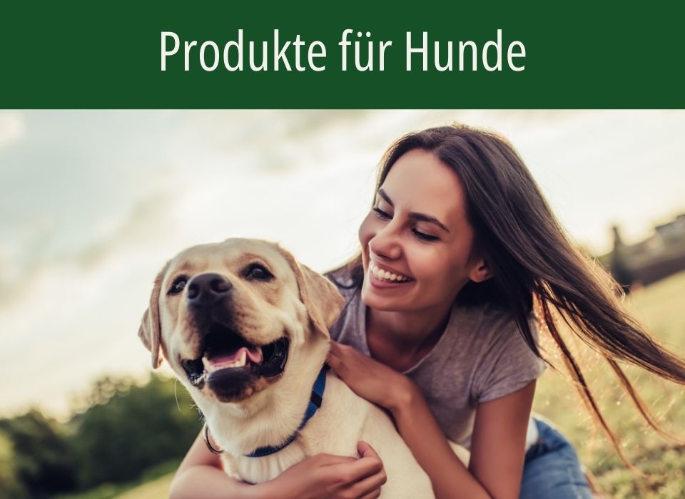 Hundeprodukte von HBD Glücklicher Hund mit einer Frau im Freien vor grünem Hintergrund, Headergrafik des Hundeshops