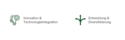 Icons für Innovation & Diversifizierung Es sind 2 Icons abgebildet. Eine Glühbirne mit Zahnraedern fuer Innovation und Technologieintegration und 3 Pfeile die aus dem selber Ursprung kommen, jedoch in andere Richtungen verlaufen, sinnbildlich fuer die Diversifizierung und Entwicklung