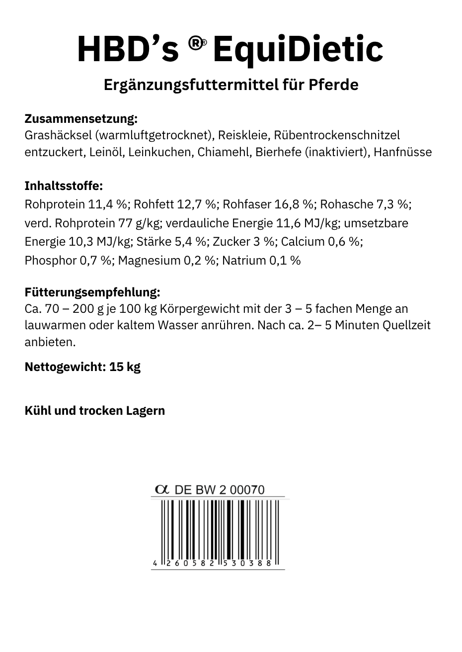 Ein schwarz-weißes Etikett von HBDs EquidIetic mit Reis mit der Zusammensetzung und der Fütterundempfehlung.