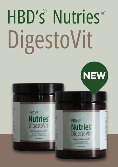 HBD's Nutries DigestoVit Nahrungsergänzungsmittel für den Menschen - Unterstützung für eine ausgewogene Verdauung, mit Produktbild.