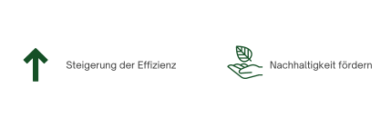 Icons für Effizienz & Nachhaltigkeit Zwei Icons mit Text. Ein Pfeil der für Steigerung der Effizienz steht und eine Hand mit einem Blatt das für Nachhaltigkeit fördern steht.