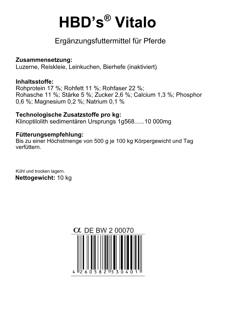 Schwarz-weißes Etikett mit der Zusammensetzung und dem Fütterungshinweis von HBDs Vitalo mit Reisfuttermehl, dem Kraftfutter für Pferde.