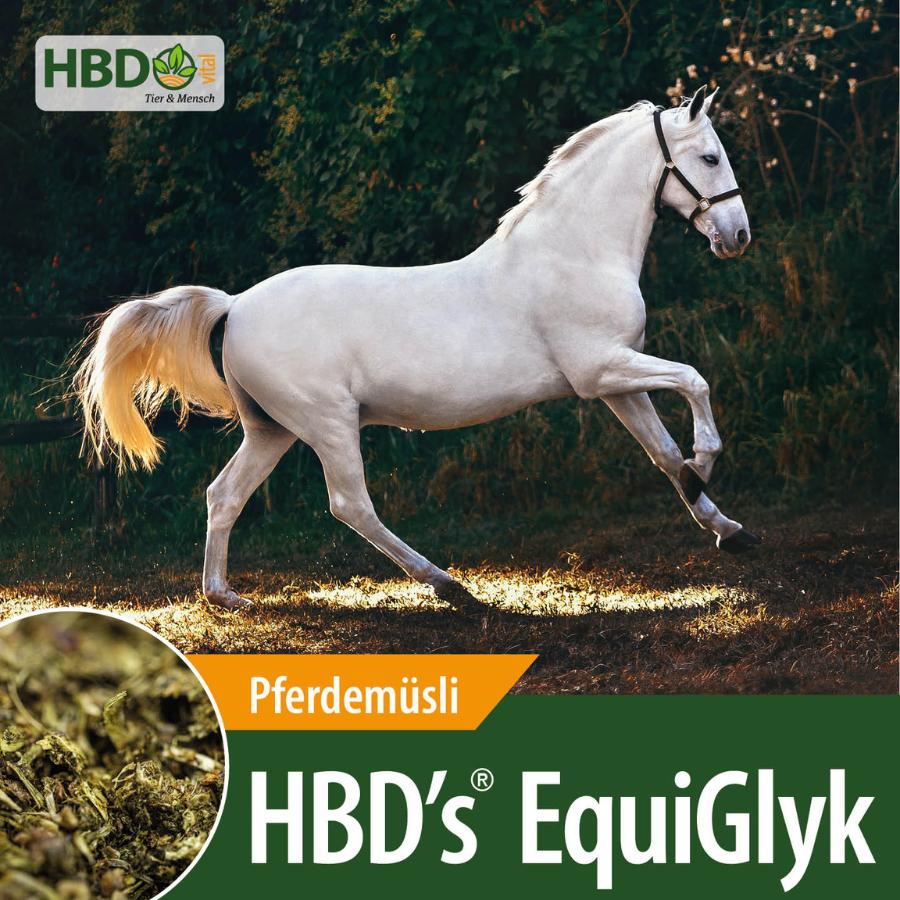 HBD’s® EquiGlyk Pferdemüsli Shopbild für HBD’s EquiGlyk Pferdemüsli und Strukturfutter - Das Bild zeigt den Produktnamen sowie den Hinweis, dass es sich um ein Pferdemüsli handelt. Ein weißes Pferd ist zu sehen, das leicht steigt.
