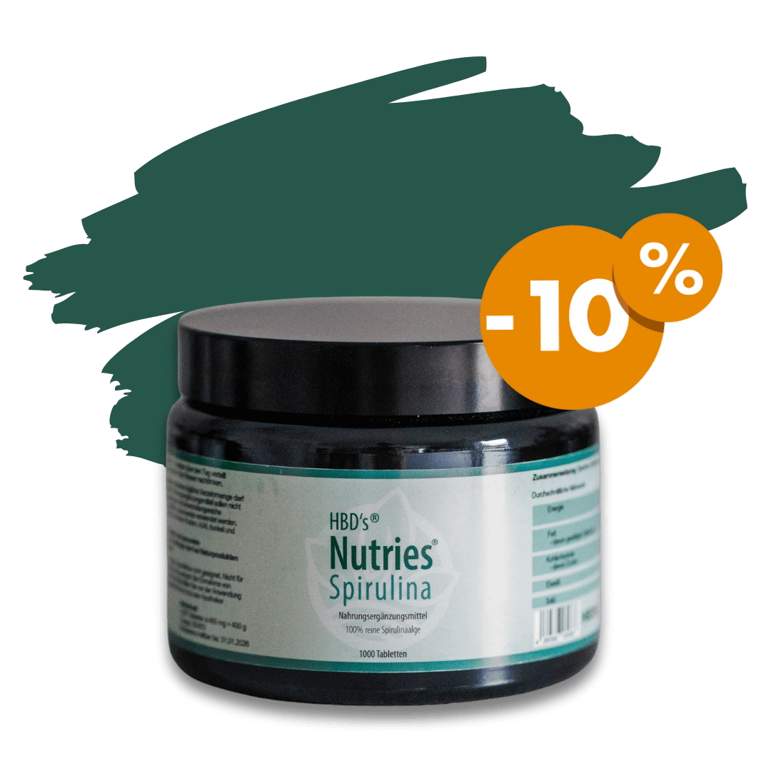 HBDs Nutries Spirulina Glas für Menschen mit einem 10 % Rabatt Sticker.