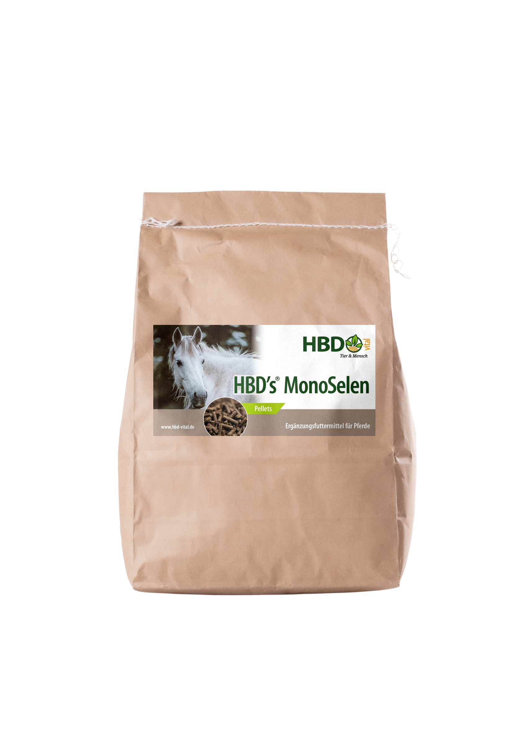 Foto des Futtersacks für HBD’s MonoSelen - Ein hellbrauner Futtersack mit dem Etikett von HBD’s MonoSelen ist zu sehen.
