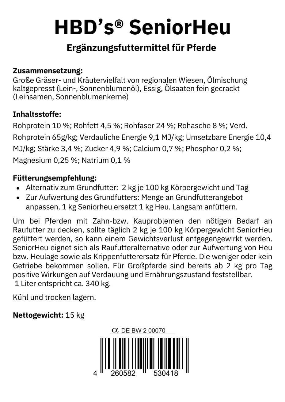 HBD’s® SeniorHeu - Zusammensetzung & Fütterungshinweis Schwarz-weißes Etikett mit der Zusammensetzung und Fütterungsempfehlung von HBDs SeniorHeu.
