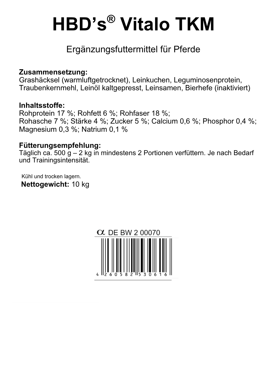 Schwarz-weißes Etikett mit der Zusammensetzung und dem Fütterungshinweis von HBDs Vitalo mit Reisfuttermehl, dem Kraftfutter für Pferde.
