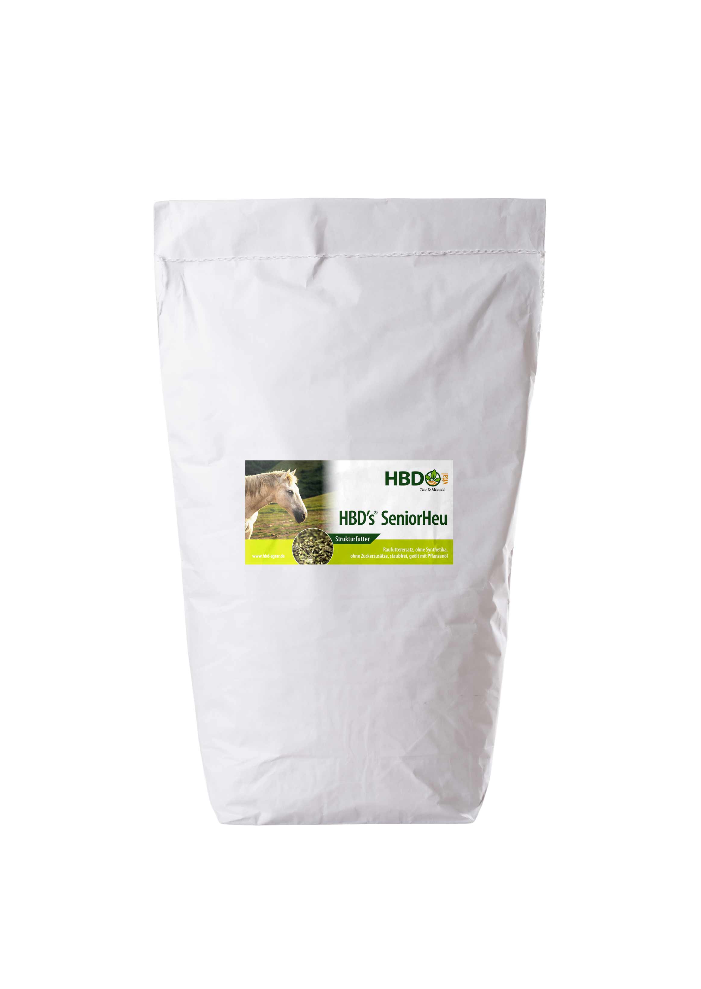 HBD’s® SeniorHeu - Strukturfutter für Pferde Foto des Futtersacks für HBD’s SeniorHeu - Ein hellbrauner Futtersack mit dem Etikett von HBD’s SeniorHeu ist zu sehen.