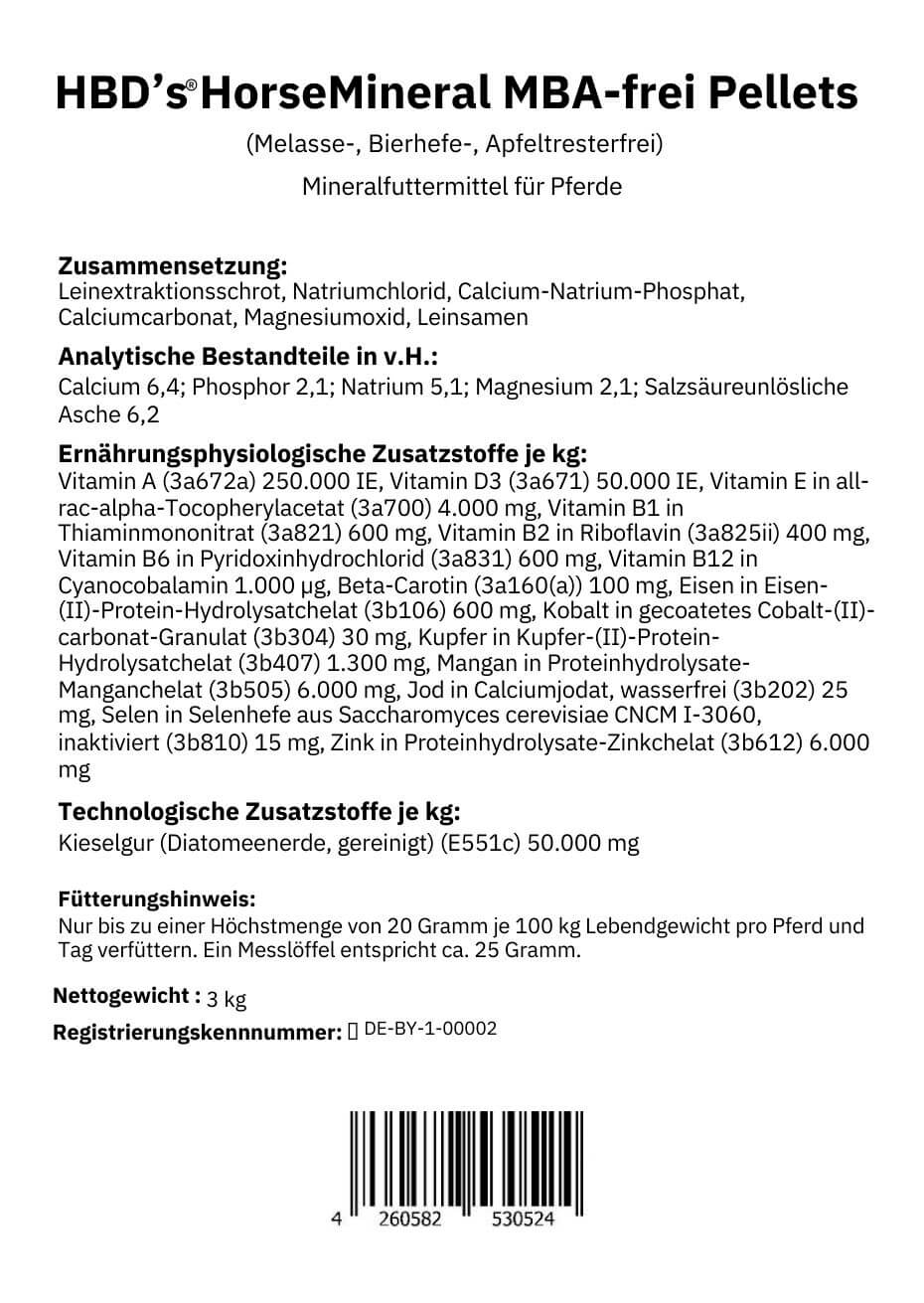 schwarz-weiß Etikett mit Zusammensetzung und Fütterungshinweis von HorseMineral MBA-frei Pellets, dem organisch gebundenen Mineralfutter für Pferde in der 3kg Einheit