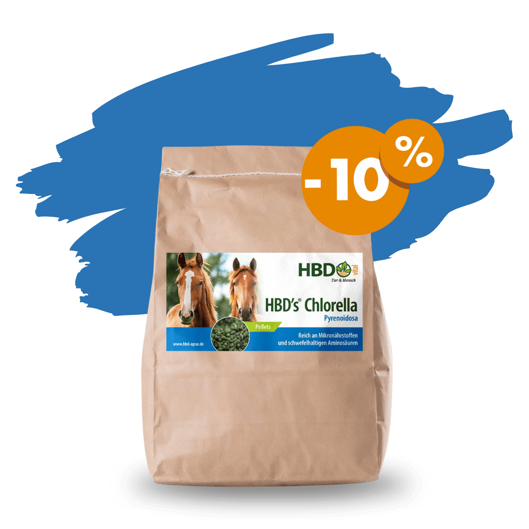 Futtersack von HBDs Chlorella für Pferde mit ein 10 % Rabatt Sticker