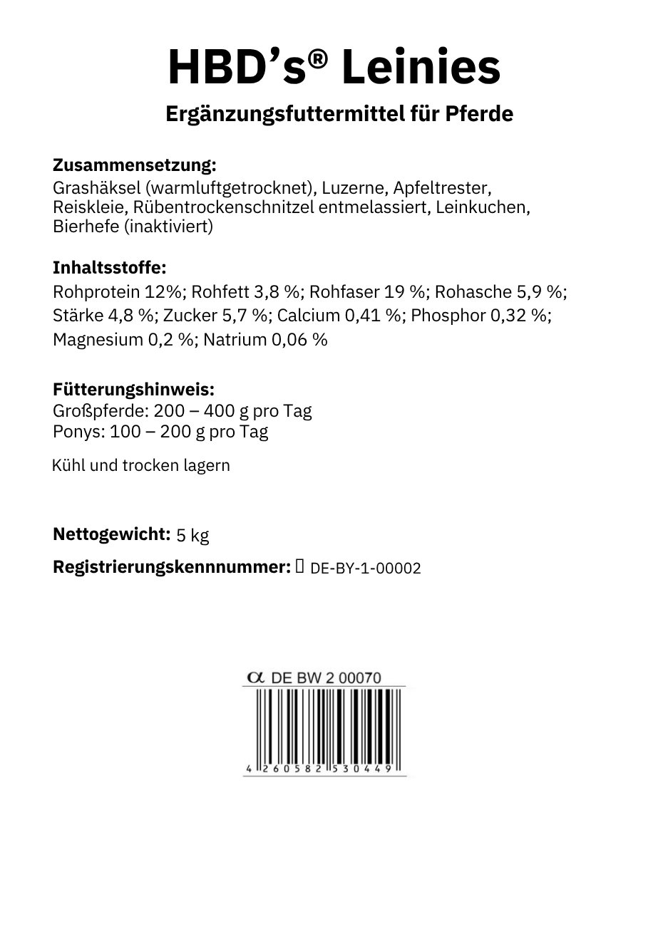 Ein schwarz-weißes Etikett mit der Zusammensetzung und der Fütterungsempfehlung von HBDs Leinies, den Pferdeleckerlies.